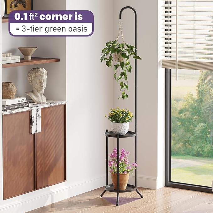2-Tier Metal Plant Stand with Hanging Hook, Indoor Outdoor Plant Shelf - Image 4