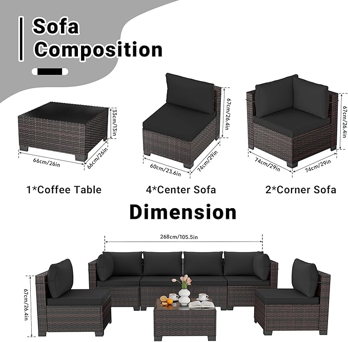 LEVELEVE 7 Pieces Outdoor Patio Furniture Sets, Rattan Conversation Sectional - Image 2