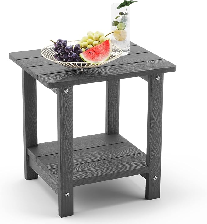 LUE BONA Adirondack Outdoor Side Table, 2-Tier Dark Grey HDPS Patio End Table by LUEBONA