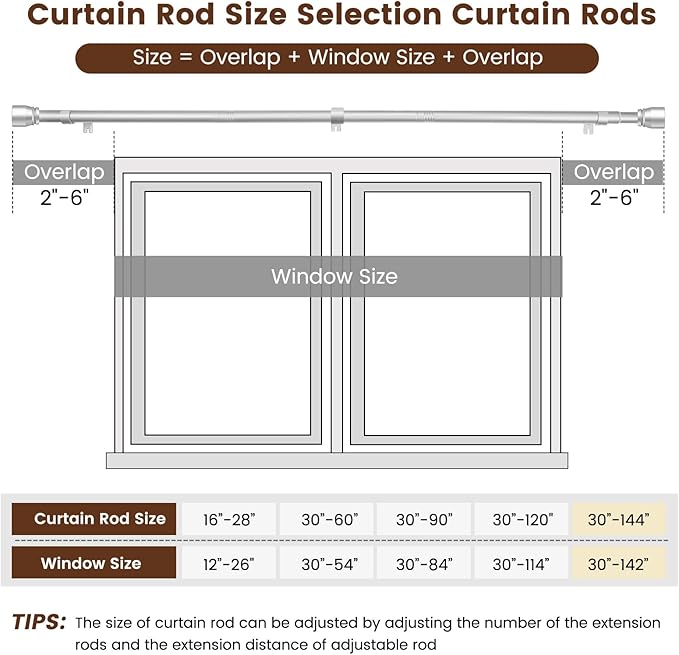 Silver Curtain Rod 30-144 inch 2 Pack, Fit 30 to 142, 66 to 120 inch Windows - Image 3