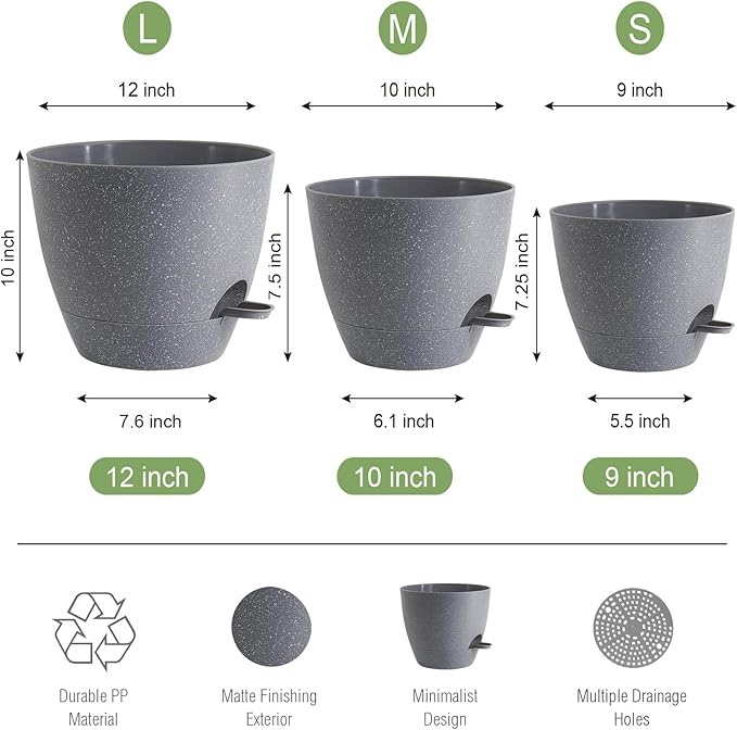 Large Self Watering Pots, 12/10/9 Plastic Planters - Image 2