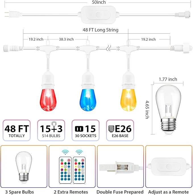 Mlambert 48FT Outdoor Patio Lights, 6 Lighting Modes RGB Cafe String Lights - Image 3
