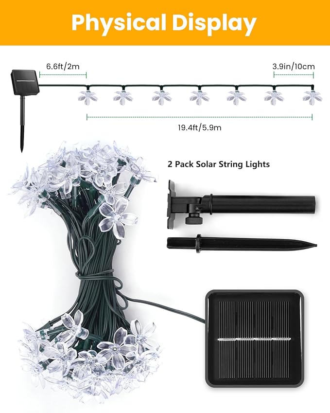 Brightown 2 Pack Total 52FT 120 LED Solar String Lights Flower Outdoor - Image 3