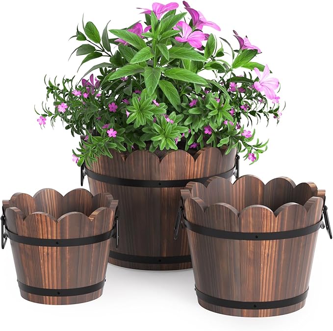 Wooden Bucket Barrel Planters, Rustic Patio Planters Flower Pots by HakkaGirl