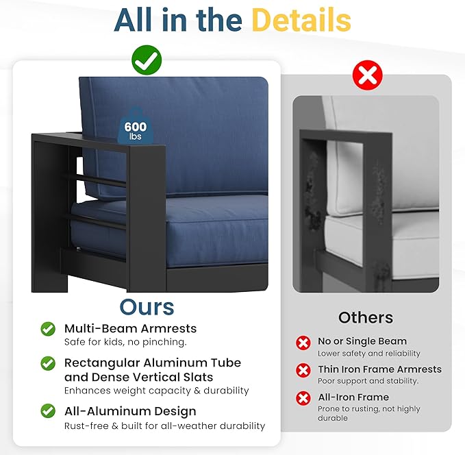 Solaste Aluminum Outdoor Patio Furniture Set, 5 Seats Patio Sectional Sofa - Image 6