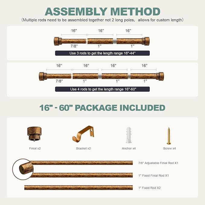 Retro Gold Curtain Rods for Windows 28 to 48 Inches Adjustable Length Heavy - Image 9
