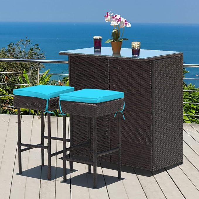 Tangkula Patio Bar Set, 3 Piece Outdoor Rattan Wicker Bar Set - Image 4