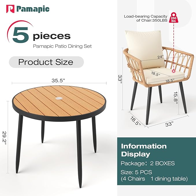 Pamapic 5-Piece Outdoor Dining Set, All-Weather PE Rattan Outdoor Furniture Set - Image 7