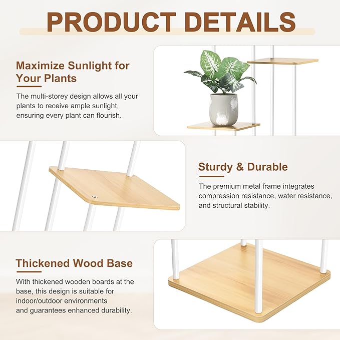 4 Tier Plant Stand Indoor Outdoor, Wood Metal Corner Shelf, Planter Shelf - Image 4