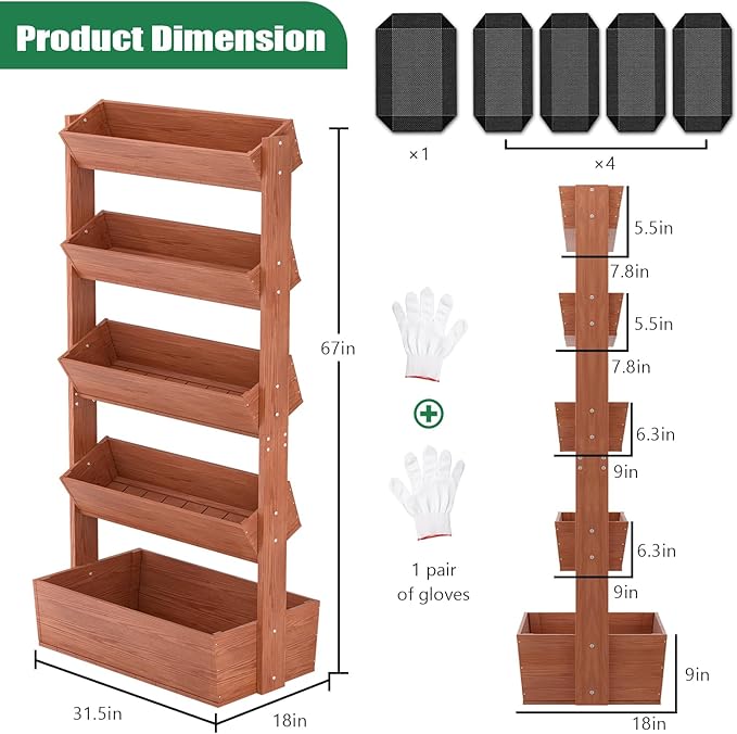 SUNYRISY 5 Tiers Vertical Wooden Raised Garden Bed Outdoor, Freestanding Garden - Image 5