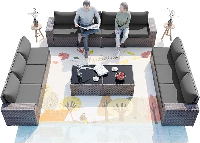ALAULM 12 Pieces Outdoor Patio Furniture Set Sectional Sofa Sets Brown PE - Image 6