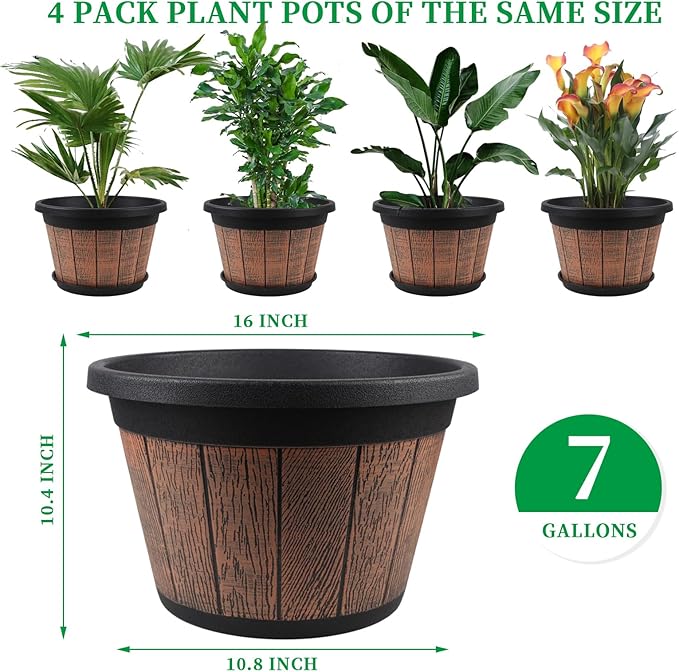 Quarut Large 4 Pack 16 inch Plant Pots, Whiskey Barrel Planters - Image 4