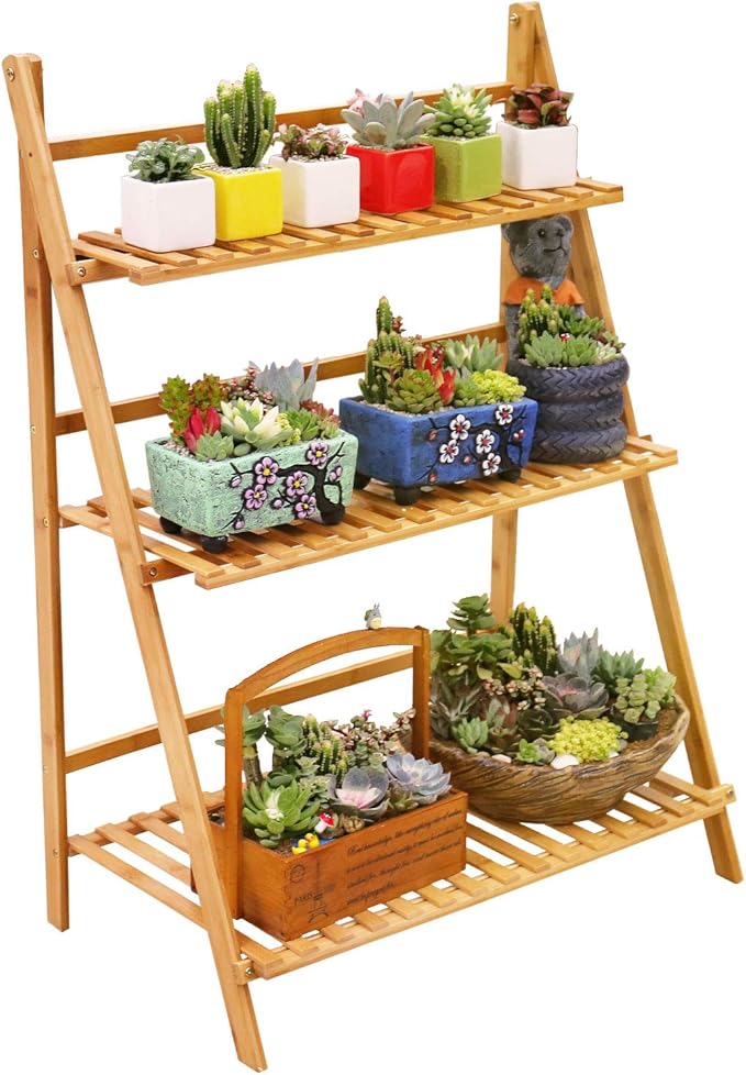 Ufine Bamboo Ladder Plant Stand 3 Tier Foldable Flower Pot Display Shelf Rack by Ufine