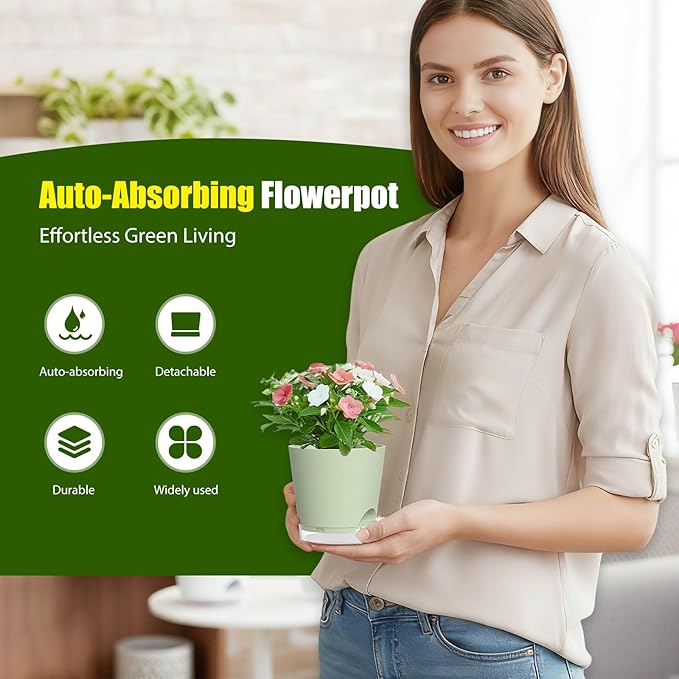 Plant Pots 5 Inch Self Watering Pots, 6 Pack Plastic Planters - Image 2