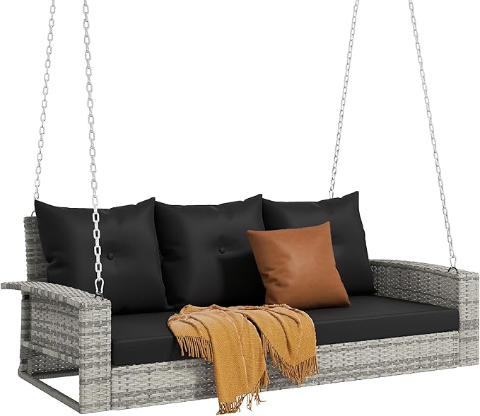 DWVO 3-Seats Wicker Hanging Porch Swing Chair Outdoor Gray Rattan Patio Swing - Image 8