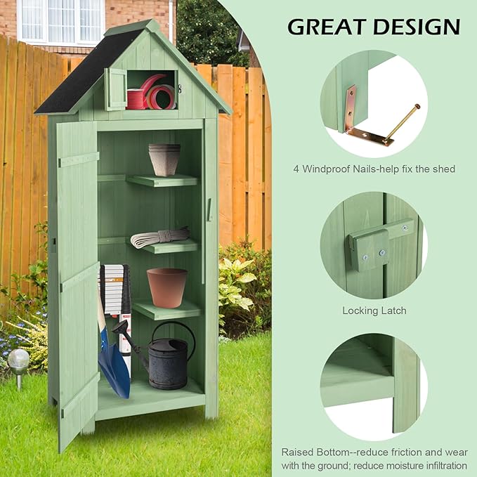 Outvita Outdoor Storage Cabinet, 70in Wooden Vertical Garden Tools Shed - Image 3