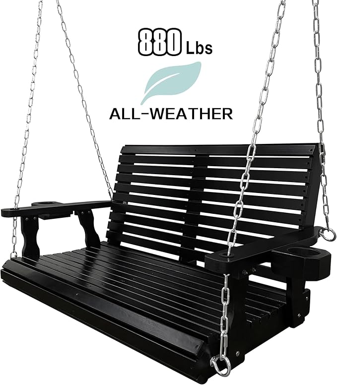 Wooden Porch Swing 2-Seater, High Backrest and Deep Seat, Bench Swing - Image 4