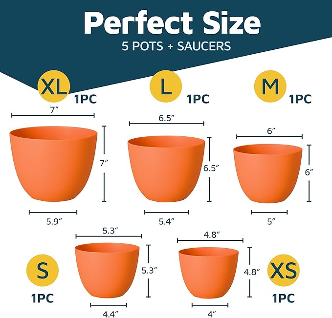 Yellow Plant Pots with Drainage Holes & Saucers 5 Pack, Indoor & Outdoor - Image 2