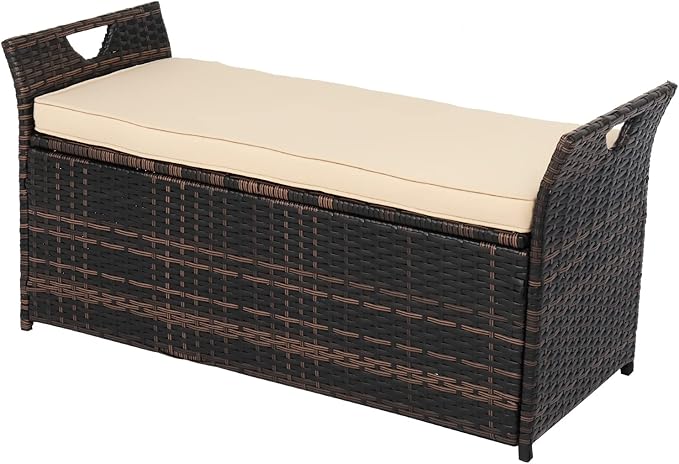 VINGLI 40 Gallon Outdoor Rattan Deck Box w/Cushion, Patio Wicker Storage Box by VINGLI