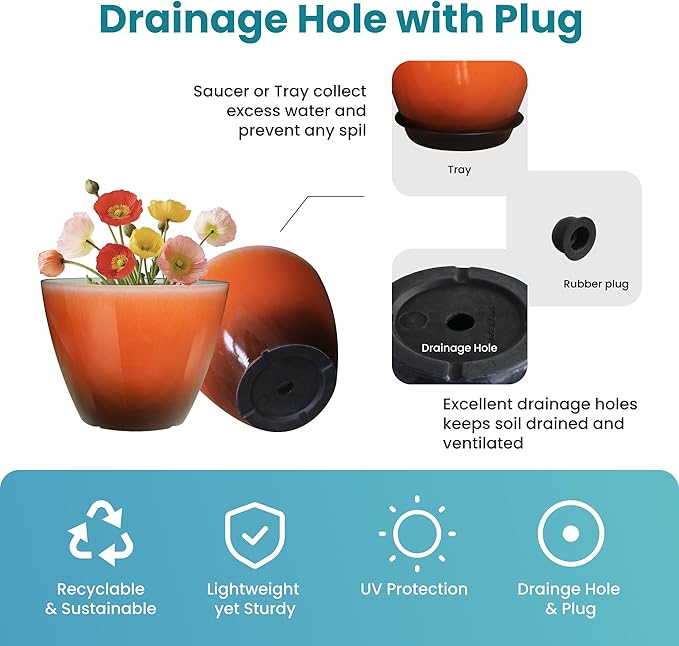 2 Pack Plastic Plant Pots with Drainage Holes, 8 inch Planter - Image 3