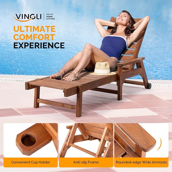 VINGLI Outdoor Chaise Lounge Chair, Wooden Patio Lounger Chair - Image 4