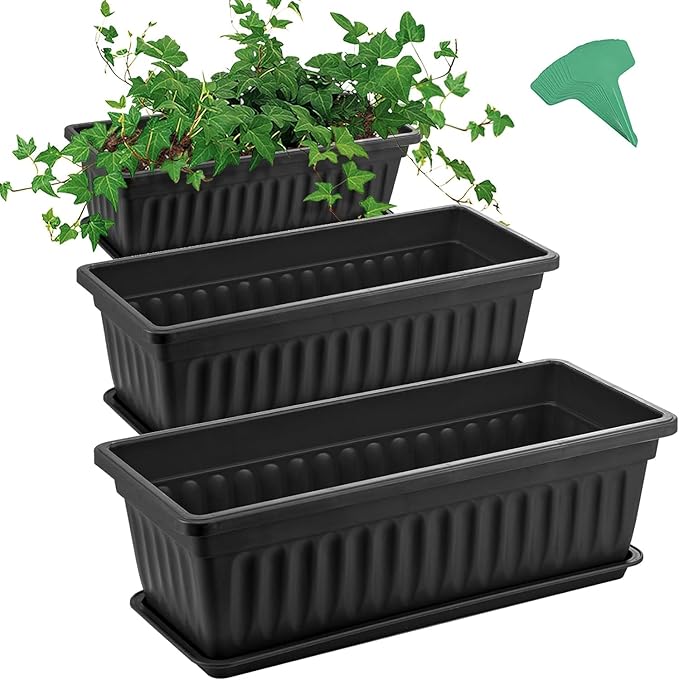 GROWNEER 3 Packs 17 Inches Black Flower Window Box Plastic Vegetable Planters by GROWNEER