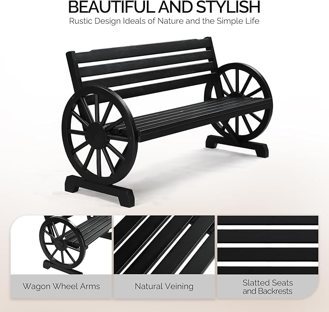 VINGLI Rustic Wooden Wheel Bench Outdoor Bench, Patio Bench Wagon Slatted Seat - Image 4