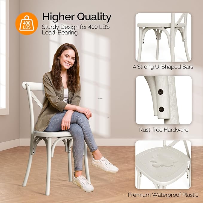 VINGLI Plastic Outdoor Dining Chairs Set of 4, Stackable Patio Cream White - Image 5