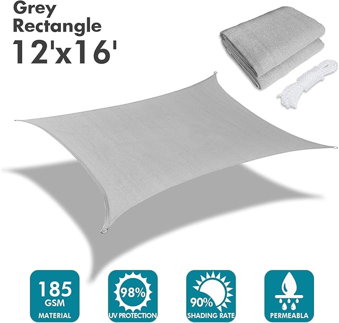 KANAGAWA Sun Shade Sail 12'x16' Gray Rectangle UV Block Canopy Awning Shelter - Image 2