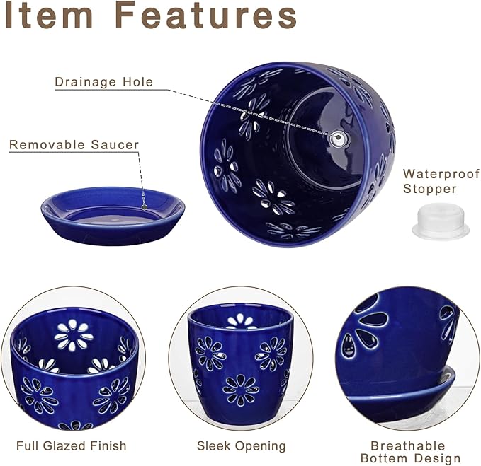 Oairse 6 inch Orchid Pots with Holes, Royal Blue Ceramic Orchid Pot - Image 2