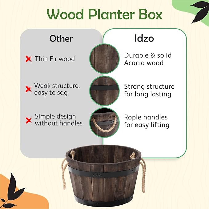 Set of 3 Wooden Flower Boxes Outdoor, Durable Acacia Wood Barrel Planters - Image 5