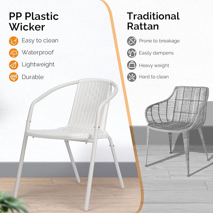 VINGLI PE Rattan Outdoor Dining Chairs Set of 2, Plastic Stackable Patio Chairs - Image 6