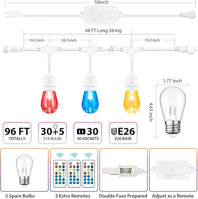 Mlambert 96Ft Outdoor Patio Lights, RGB Cafe String Lights - Image 4