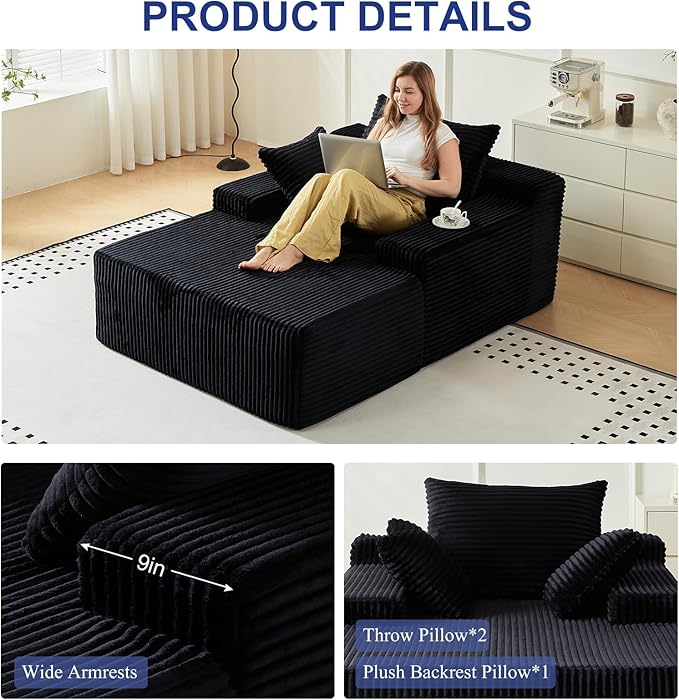 67 Inch Chaise Lounge Chair Indoor, Oversized Upholstered Boneless Sofa Bed - Image 5