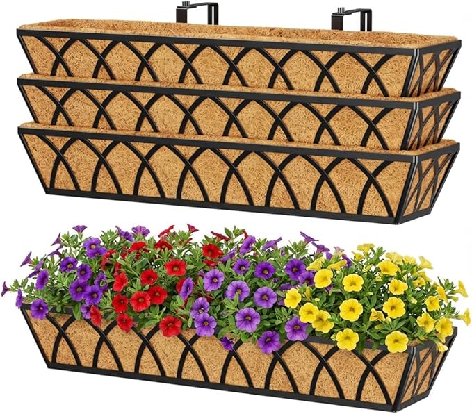 Y&M 30 Inch Window Deck with Coco Liner, Fence Metal Hanging Flower Planter by YM