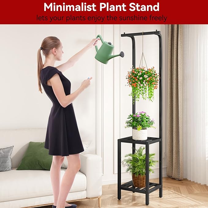 IBUYKE 67 Inch Tall Plant Stand Indoor Outdoor, 3 Tier Metal Hanging Plant Shelf - Image 2