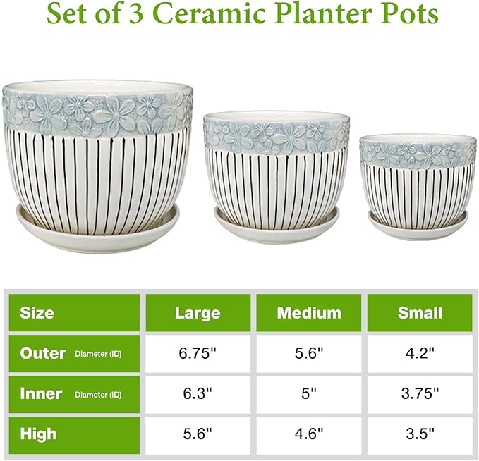 Ceramic Plant Pots Set of 3, 6.75/5.6/4.2 inch Planters - Image 2