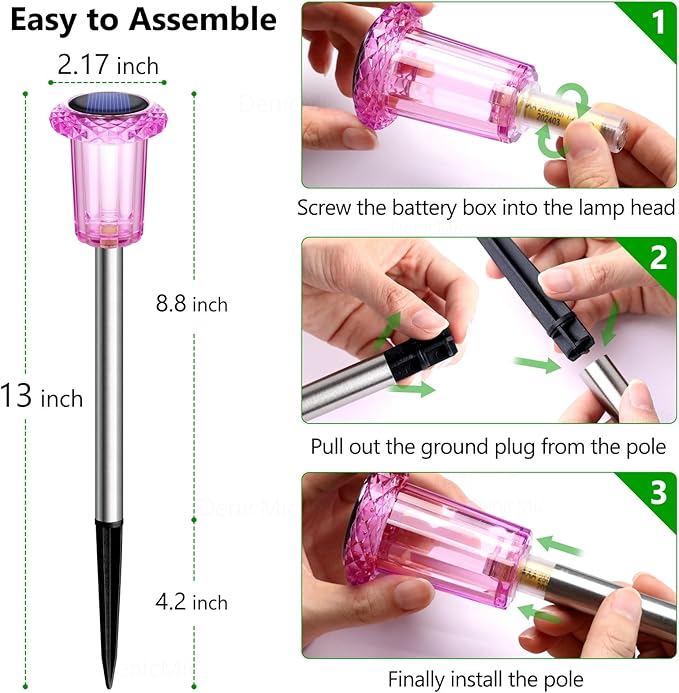 DenicMic Solar Lights Outdoor 10 Pack Waterproof Pink LED Stainless Steel Stake - Image 3