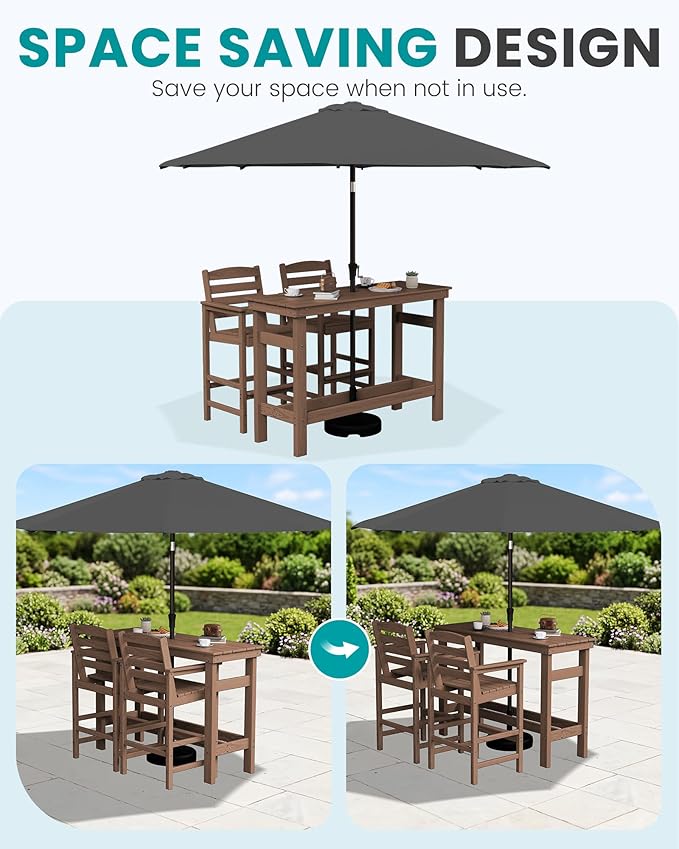 SERWALL Outdoor Bar Set with 9ft Umbrella, All-Weather HDPE Patio Bar Chairs - Image 3