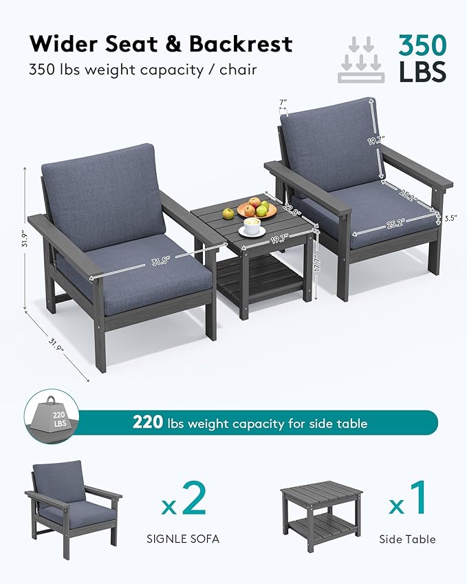 SERWALL HDPE Patio Sofa Set, 3-piece Sectional Outdoor Furniture Set, All - Image 2