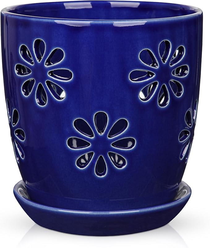 Oairse 6 inch Orchid Pots with Holes, Royal Blue Ceramic Orchid Pot by Oairse