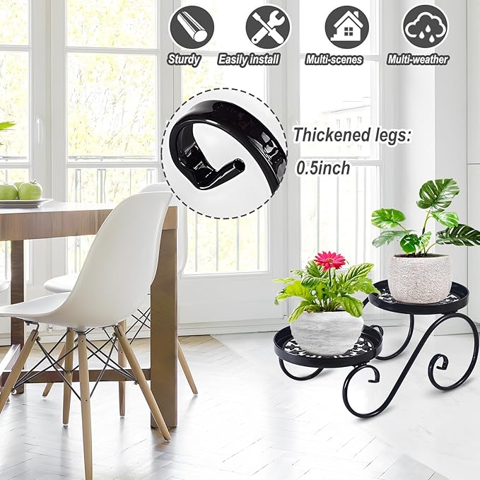 2 Tier Black Plant Stand, Metal Flower Stand Indoor Outdoor, Anti-Rust Iron - Image 2