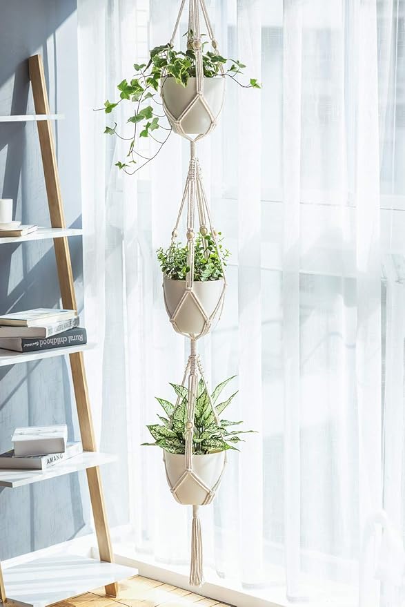 Mkono Macrame Plant Hanger 3 Tier Indoor Outdoor Hanging Planter Basket Cotton - Image 3