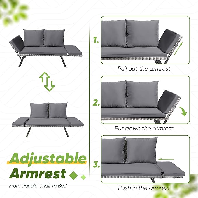 Greesum Outdoor Sofa, Woven Rattan Patio Furniture, Convertible Daybed or - Image 6