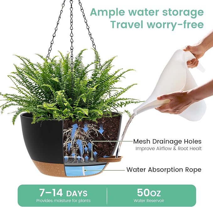 13 Inch 2 Pack Large Self Watering Hanging Planters - Image 3