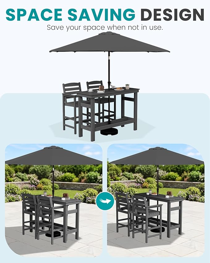 SERWALL Outdoor Bar Set with 9ft Umbrella, All-Weather HDPE Patio Bar Chairs - Image 3