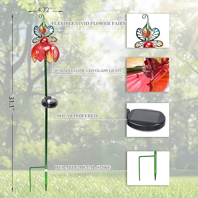 VCUTEKA Solar Garden Lights Metal Flower Decor Colorful Fairy Flowers Solar - Image 5