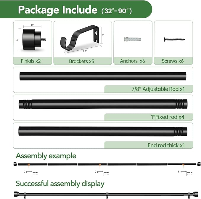 2 Pack Black Curtain Rods for Windows 48 to 84, 1 Inch Adjustable Heavy Duty - Image 6