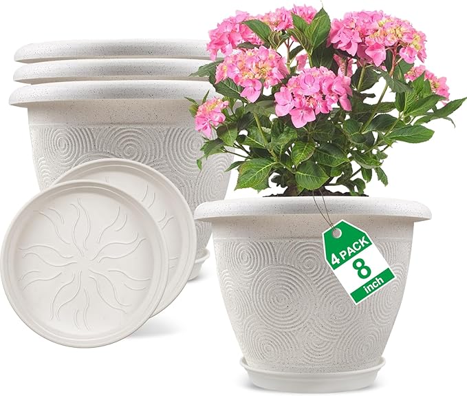 8 Inch Flower Pots Planters for Indoor Outdoor Plants, 4 Pack Plastic Small by Fodetyff