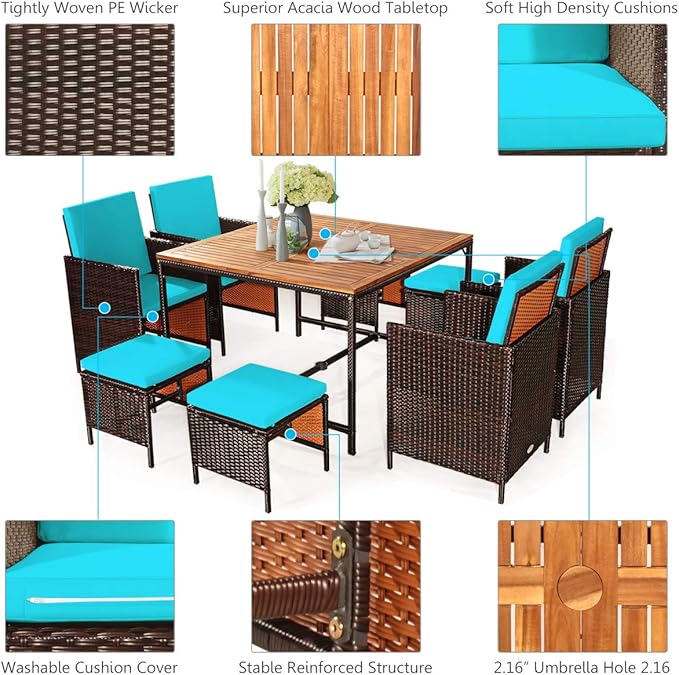 Tangkula 9 Pieces Acacia Wood Patio Dining Set, Space Saving Wicker Chairs and - Image 8